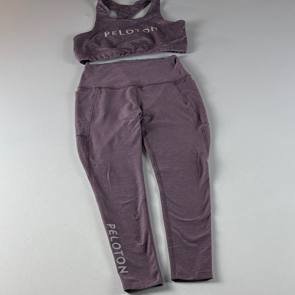 Peloton Beyond X Heathered Purple Two-Piece Active Set — Sports Bra & Leggings.